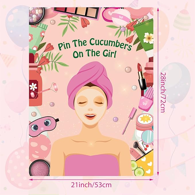 PLULON Spa Party Game for Girls Party, Pin The Cucumber on The Girl Spa Game Poster for Kids Girl Spa Birthday Makeup Sleepover Slumber Party Supplies Women Party Decor