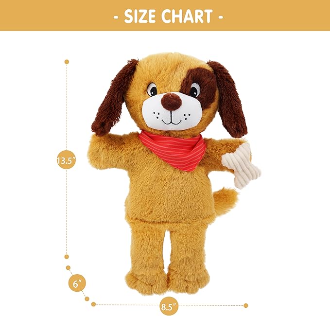 June Garden Plush Dog Hand Puppet – Soft Storytelling Toy with Red Bandana & Bone – Educational Pretend Play for Toddlers and Kids