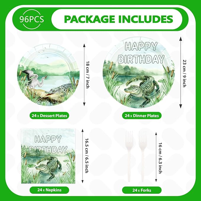 96Pcs Alligator Birthday Decorations Reptile Crocodile Alligator Plates and Napkins Watercolor Crocodile Birthday Decorations Favors for Kids Boys Reptile Bday Baby Shower Party Supplies Serves 24