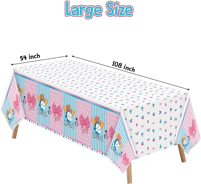 Gender Reveal Table Cover - 3 Packs Sport Baseball or Bow Gender Reveal Disposable Waterproof Plastic Rectangle Table Cloth Gender Reveal Party Favor Decoration Supplies(54x108 Inch)