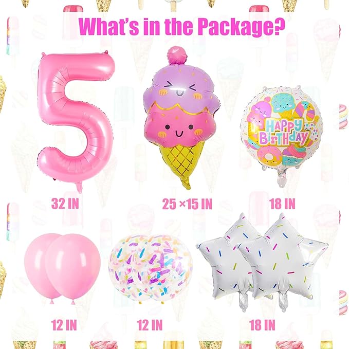Pink Ice Cream Balloons, 5 Balloon Number, 5th Birthday Decorations Girl, Ice Cream Balloon for Girls Birthday Party Decoration (5)