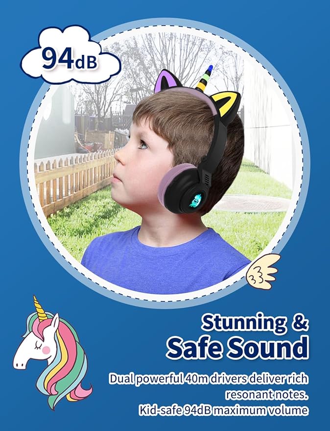 Unicorn Kids Headphones for Girls, Unicorn Bluetooth Headphones Foldable for Girls Toddlers Tablet/pad/Amazon fire,Light Up Kids Wireless Headphone Birthday Gifts (Black)