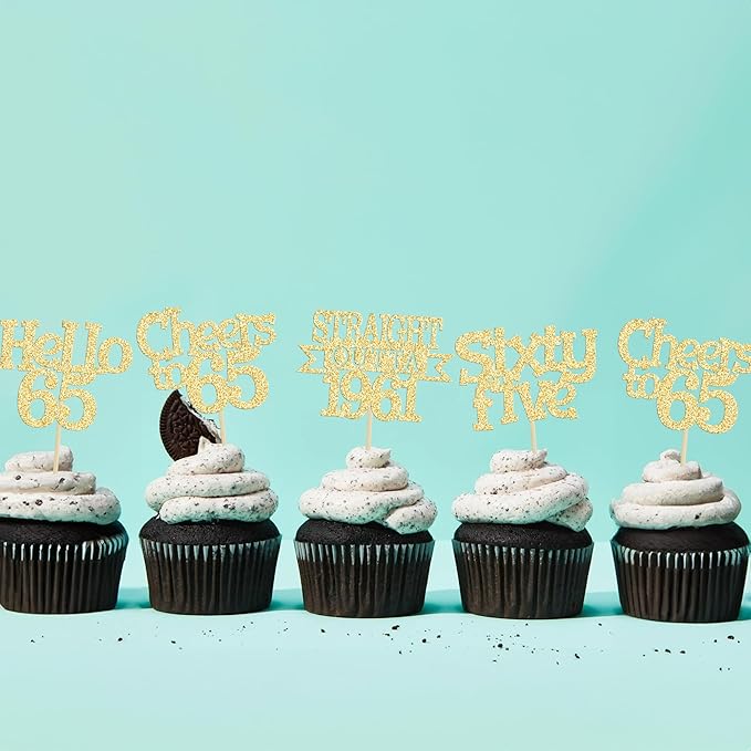 Ephlyn 24Pcs 65th Birthday Cupcake Toppers Glitter Straight Outta 1961 Cupcake Picks Hello 65 Cheers to 65 Years Cake Decorations for 65th Birthday Anniversary Party Decorations Supplies Gold