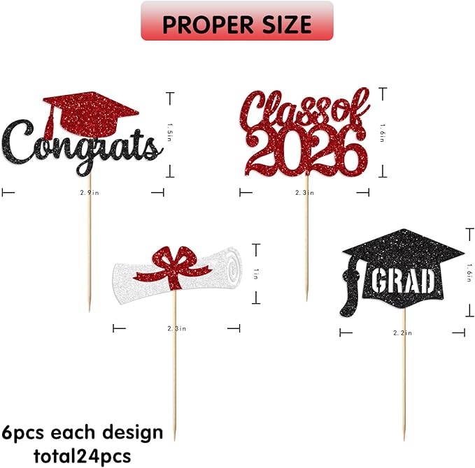 Red and Black Graduation Cupcake Toppers Decorations Class of 2026 Cupcake Topper Graduation Cup Cake Picks Congrats Grad Party Decor Supplies Set of 24