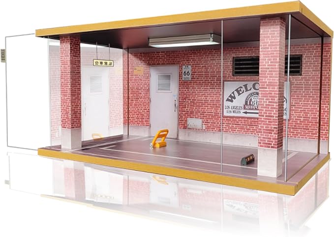 Display Case for 1/18 Diecast Cars,Acrylic Display Case for 1/12 Scale Toy Motorcyle with LED Lighting, Route 66-3 Open Side