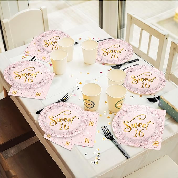 96 Pcs Rose Gold Sweet 16 Birthday Party Plates and Napkins Party Supplies Sixteen Birthday Party Tableware Set 16th Party Decorations Favors for Girls Birthday Serves 24
