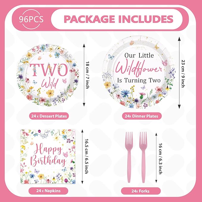 96Pcs Wildflower 2nd Birthday Decoration Our Little Wildflower Is Turning Two Plates and Napkins Spring Flowers Second Birthday Decorations for Girls Floral Two Years Old Bday Party Supplies Serves 24