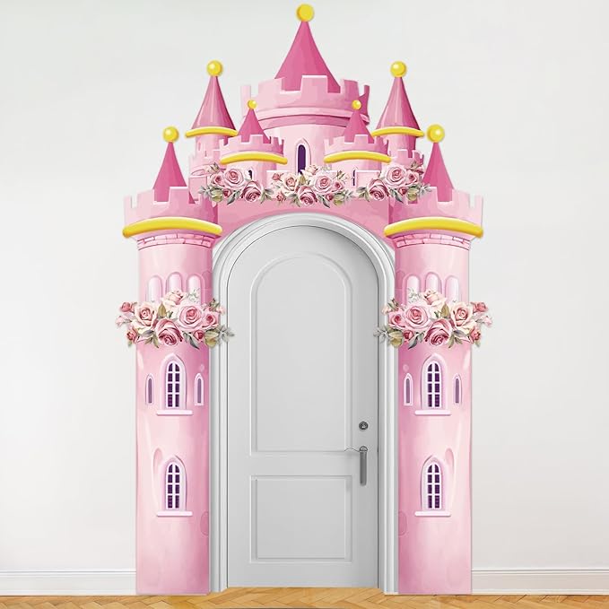 Princess Castle Valentine's Day Photo Prop Pink Princess Party Decorations Princesses Themed Polyester Fabric Birthday Photo Booth Props Pink Castle Door Hanging for Valentine's Day Party Supplies