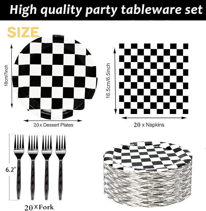 60Pcs Race Car Black and White Checkered Party Supplies - Racing Tableware Set with 7" Plates, Checkered Flag Napkins, Forks for Race Car Themed Birthday Party Decorations (Serves 20)