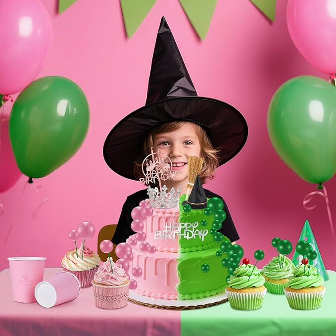 44PCS Witch Cake Topper Pink and Green Ball Cake Topper Witch Hat and Crown Cakes Topper for Girls Women Princess Birthday Party Supplies Halloween Cakes Decoration