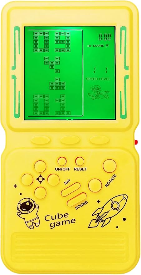 Electronic Cube Game Console Built-in 23 Block Games Thousands of Modes Green Backlight Adjustable Difficulty/Speed Handheld Puzzle Game Retro Toy for Children/Adults (Yellow)