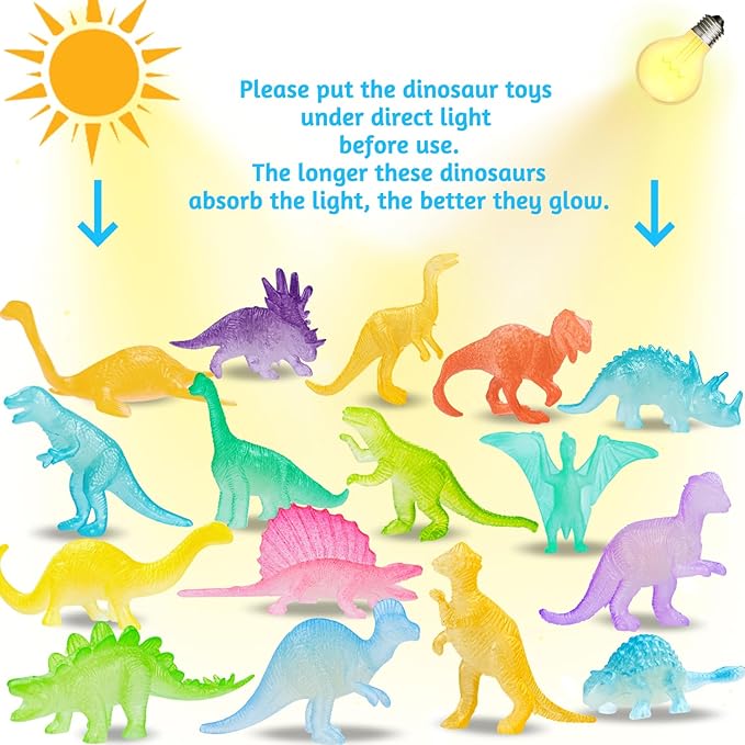 16PCS Glow in Dark Mini Dinosaur Figures for Kids Birthday Party Favors Supplies Dino Cupcake Topper Decoration Goodie Treat Bag Stuffers Pinata Fillers Treasure Carnival Prizes Valentines Day Gifts