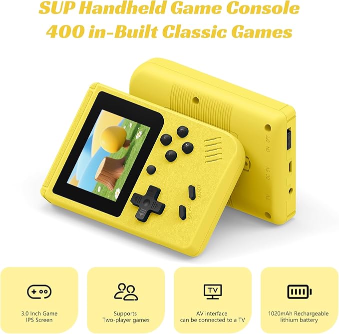 Retro Handheld Games Console, Built-in 400 Video Games,Mini Portable Video Gaming Player with 3.0 Inch IPS Screen, Rechargeable Battery (Yellow)