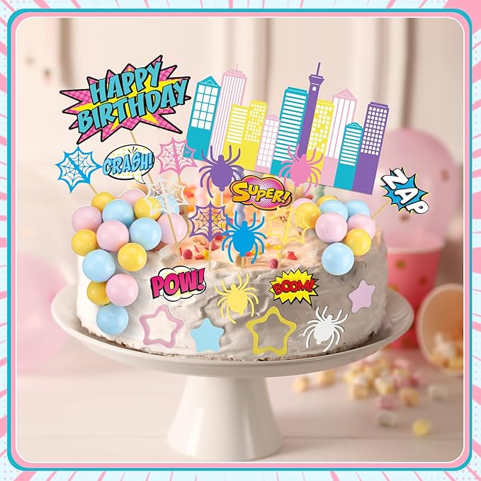 Geelin 61 Pcs Spider Birthday Cake Topper Pink Spider Girl Cupcake Topper Pastel Party Supplies Cartoon Party Decorations Balls Webs Stars City Cake Border Decor for Girls Boys Birthday Baby Shower