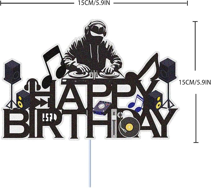 Dj Disco Happy Birthday Cake Topper Music Rock Disco Hip Hop Black Glitter Cake Decoration Carnival party Dj Disco Unisex adult Theme Birthday Party Supplies