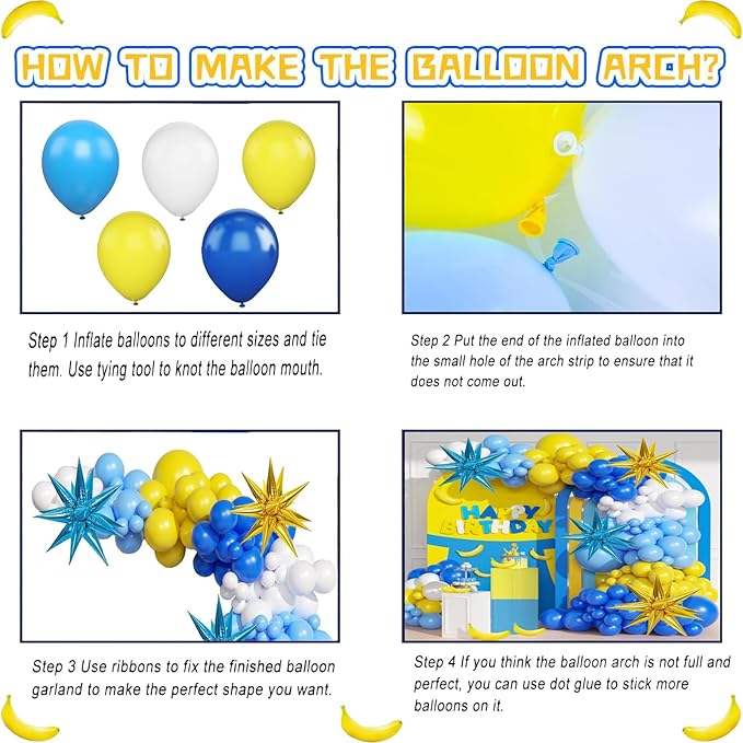 117 Pcs Yellow Blue White Balloon Arch Kit, for Cartoon Banana Theme Birthday Party Decorations Boys and Girls Gatherings Party Supplies