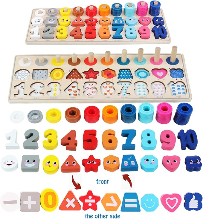 QZMTOY Wooden Montessori Toys for Kids, Toddler Number Puzzles Sorter Counting Shape Stacker Stacking Game Preschool Toys for Boy Girl Learning Education Math Blocks Chunky Puzzles Gift for Toddlers