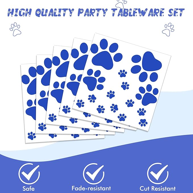 41PCS Blue Dog Paw Prints Birthday Party Supplies Include Plates Napkins Tablecloth Pet Party Decorations for Puppy Theme Party Picnic Baby Shower