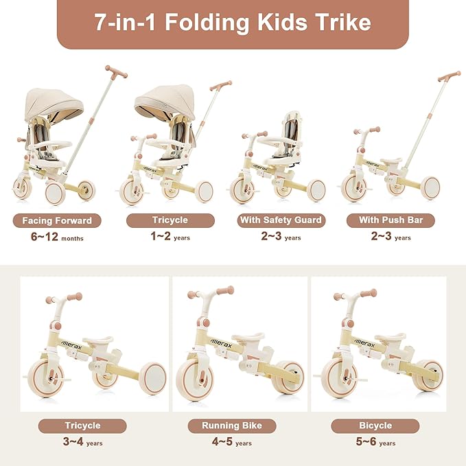 7 in 1 Baby Tricycle Stroller for Toddlers Ages 1Y-6Y Handle Rotatable Seat Retractable Canopy