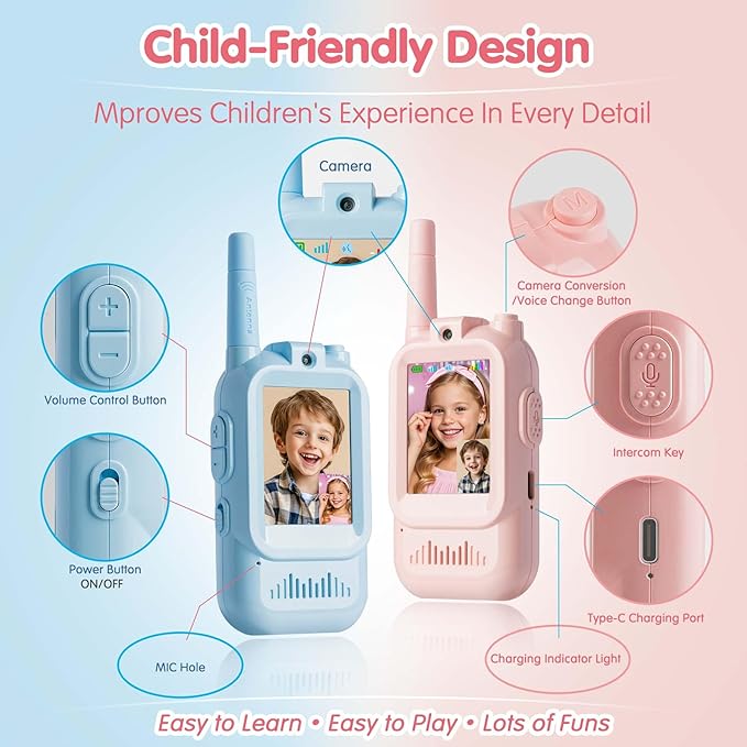 Video Walkie Talkies for 3-12 Boys Girls,2 Pack Facetime Walkie Talkie for Kids with Screen, HD Camera & Voice Changer for Family Games, Hiking, for Grandkids (Pink+Pink)