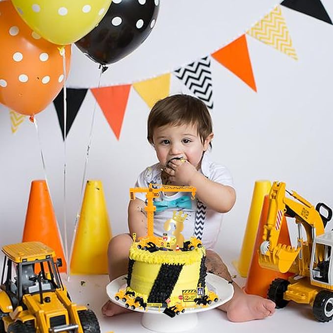 17 Pack Construction Vehicles Cake Toppers Set - Toy Road Sign, Tower, Digger, Cupcake Picks - Number 3 for Construction Theme Baby Shower, Kids 3rd Birthday Party Decorations Supplies