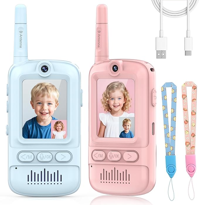 Video Walkie Talkies for Kids,2 Pack-Kids Video Call Device with HD Camera,Filters,Emojis,Voice Changer & Voice Message,Auto Pairing, Durable for Indoor & Backyard Use