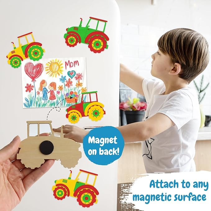12 Pack Unassembled Tractor Party Favors, Wooden Tractor Cutouts with Magnets & Painting Kits for Kids, Farm Theme Birthday Crafts & Thank You Gifts