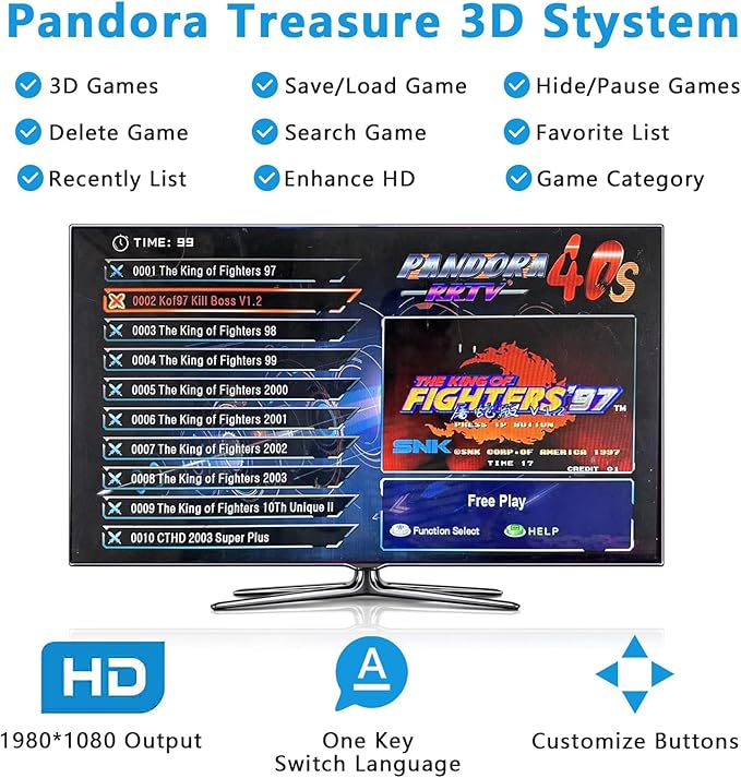 【32000 Games in 1】 Pandora's Box Arcade Game Console, 3D Pandora Box Support PC & Projector & TV, 2-4 Players, 1280X720 Full HD, 3D, Search/Hide/Save/Load/Pause Games, Favorite List