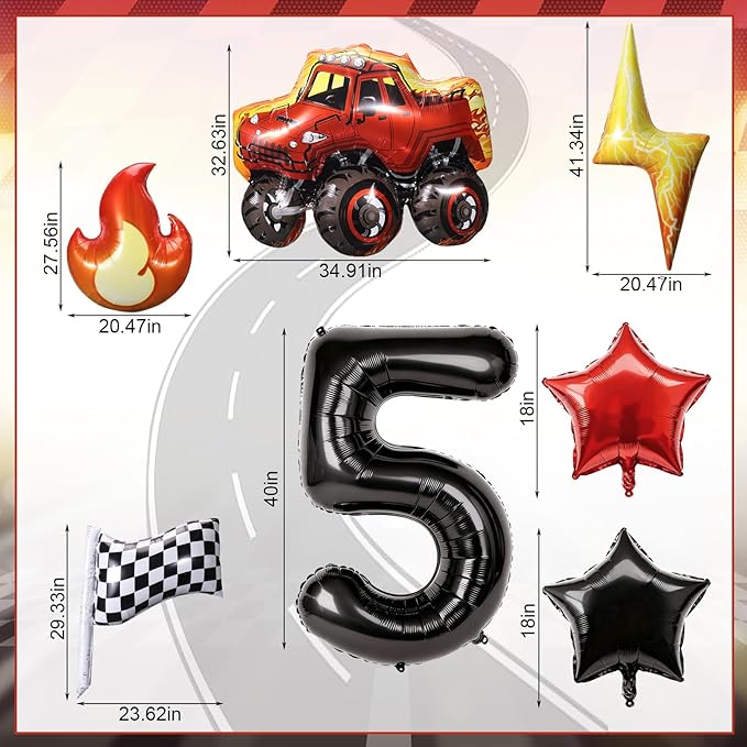 Truck Number 5 Balloons, Huge Truck Flags Lightning Flame Stars Aluminum Foil Balloons for 5th Birthday, Race Car Theme Party Decorations Supplies