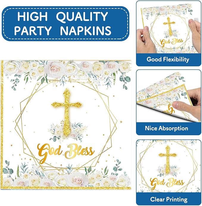 God Bless Plates and Napkins Baptism Theme Party Supplies, First Holy Communion 20 Plates, 20 Napkins for Newborn Baptism Church Cross Party Decoration