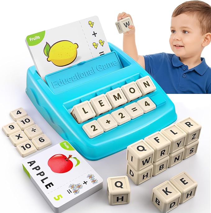 Educational Toys Learning Games for Kids 3-8, Matching Letter Spelling Early Math Game for Preschool& Kindergarten Kids Boys and Girls Light Blue ，Christmas Birthday gift for 4 5 6 7 boys girls
