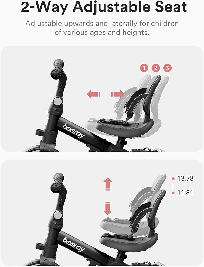 besrey 4 in 1 Toddler Bike, Toddler Tricycle for 1-3 Year Old, Trike with Push Handle, Backrest and Safety Belt, Birthday Gifts and Toys for Boys and Girls, Balance Bike (Black)