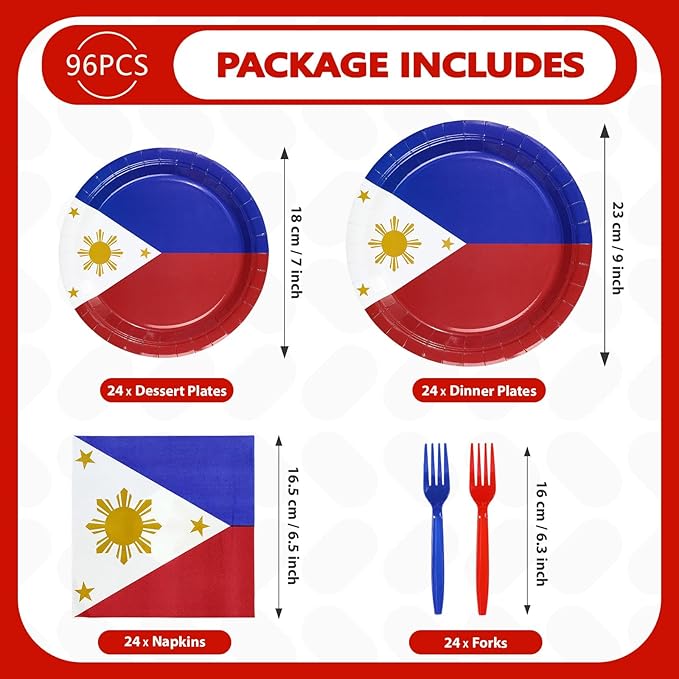 96Pcs Philippines Flag Party Supplies Philippine National Flags Plates and Napkins Philippine Independence Day Tableware Set for National Events Patriotic Festival Decorations，Serves 24