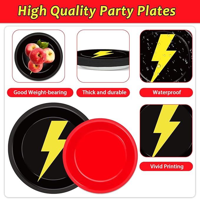 96PCS Red Black Yellow Birthday Party Decorations Cartoon Game Paper Plates Napkins Lightning Tableware Supplies Cartoon Animated Dinnerware for Birthday Table Party Favors