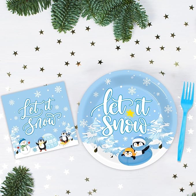 96PCS Hello Winter Party Supplies Winter Snowflake Party Tableware Set Christmas Disposable Dinnerware Plates Napkins Forks with Snowman Penguin for Winter Christmas Birthday Party Favors