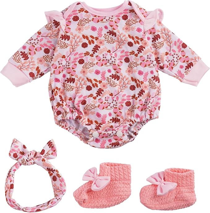 BABESIDE 3PCS Reborn Baby Doll Clothes for 17-22 Inch Dolls, Baby Doll Outfit Accessories with Floral Pattern fit Reborn Baby Dolls Girl Boy, Pink