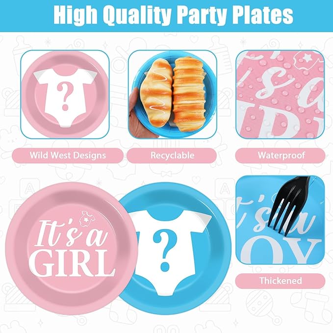 CHUNNIN 48Pcs Gender Reveal Party Paper Plates for Gender Reveal Party Supplies 7" Boy or Girl Pink and Blue Disposable Plates for Baby Shower Newborn Favors Decorations
