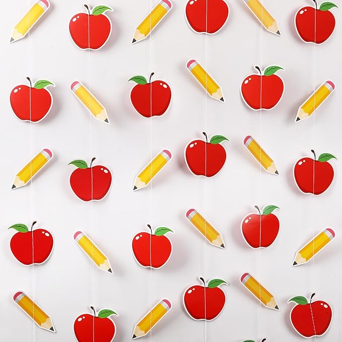 MARFOREVER 41Ft 5 Pcs Pencil Apples Garland Back to School Decorations, Pre-Strung Pencil Apple Banner Hanging Streamers for First Day of School Classroom Decorations Teacher Office Photo Props