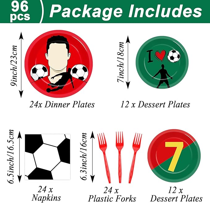 96Pcs Soccer Paper Plates and Napkins Soccer Star Disposable Tableware Set Red and Green Sports Ball Plates Set Sport Party Dinnerware Decorations for Birthday Baby Shower Party Decorations Supplies