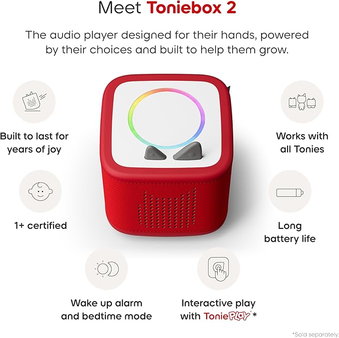 Toniebox 2 Audio Player Favorite Songs Bundle for Kids 1+ with Playtime Puppy, Bedtime Songs, Counting Songs, and Celebration Songs - Sunset Red
