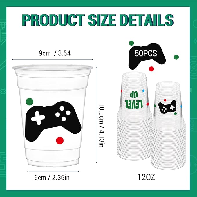 50 Pcs Video Game Party Cups, 12 oz Gaming Theme Cups Level up Clear Plastic Cup for Gamer Birthday Supplies Video Game Party Favors