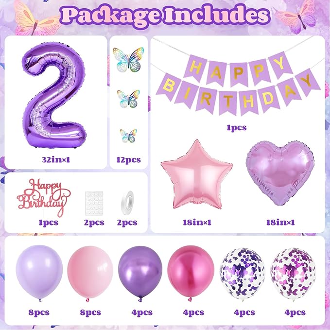 2nd Birthday Decoration for Girls,Pink Purple 2nd Balloon Number 2 Balloon with Butterfly Stickers Star Heart Foil Balloons Happy Birthday Banner for Baby 2 Year Old Party Decor