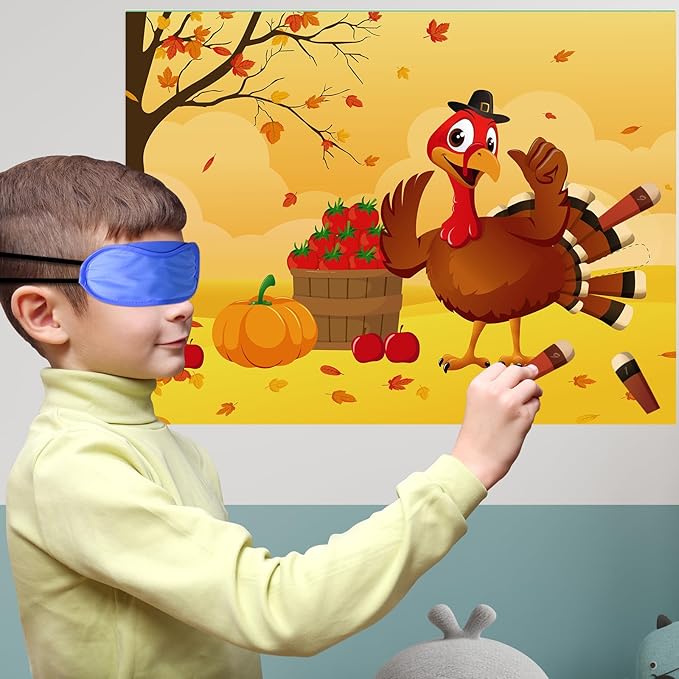 Morcheiong Pin The Tail on The Turkey Thanksgiving Game with 48 Tails, Thanksgiving Party Favors Activities Supplies Decorations for Kids
