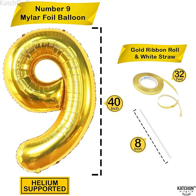 KatchOn, Giant Gold Number 9 Balloon - 40 Inch | Foil 9 Birthday Balloon for 9th Birthday Decorations | 9th Anniversary Decoration | Gold Party Decoration