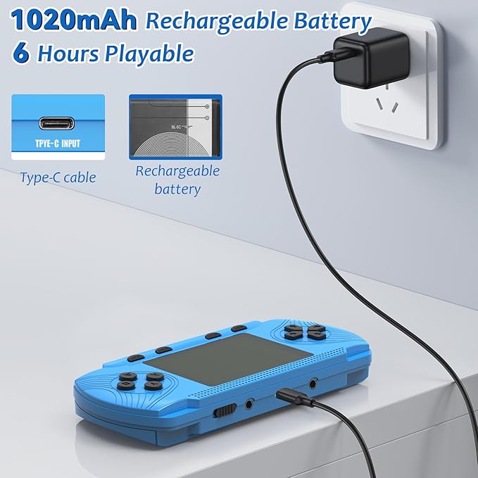 Handheld Game for Kids - Preloaded 258 Retro Video Games & 3 Cartridges, 3.0" HD LCD Screen, Portable Gaming Player with Rechargeable Battery, Birthday Xmas Gift for Boys Girls 4-12, Blue