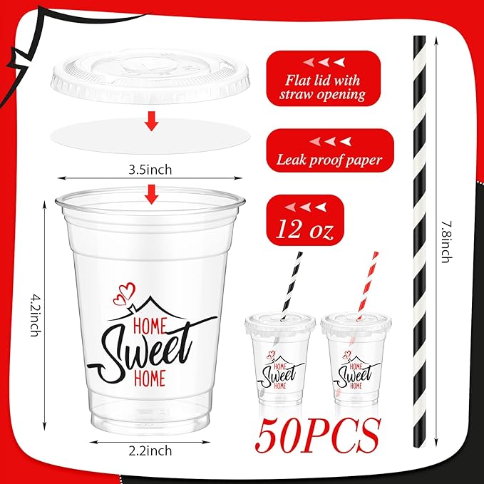 Domensi 50 Sets House Warming Party Supplies Plastic Cup 12 oz Home Sweet Thick Clear Cup Lids Straws Decoration for Welcome Home New House Decoration Supplies