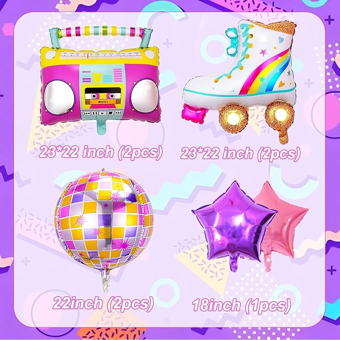 8 PCS Disco Balloons Radio Boombox Roller Skate Balloons for 80s 90s Theme Party Retro Disco Party Supplies Roller Dkate Party Decorations Retro Theme Hip Hop Birthday Party
