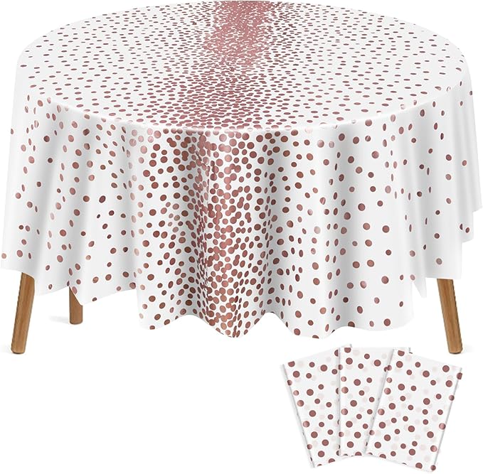 VitalCozy Round Dot Tablecloth 84 Inch Plastic Table Cover Polka Dot Confetti Tablecloths for Easter 2026 Graduation Prom Wedding Birthday Spring Party Supplies(White and Rose Gold,3 Pcs)