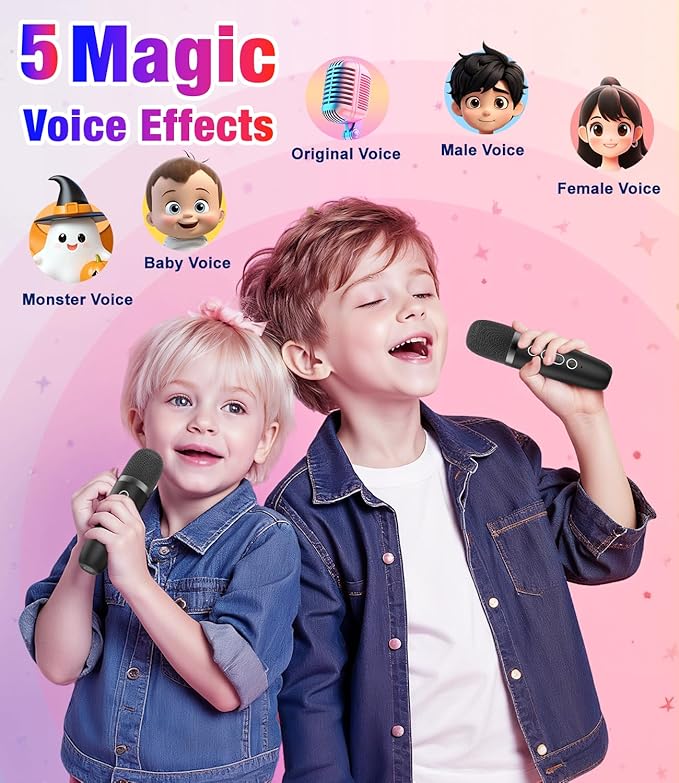 Mini Karaoke Machine, Portable Bluetooth Speaker with 2 Wireless Microphones for Kids & Adults, Karaoke Microphone with LED Lights, Gifts for Girls & Boys