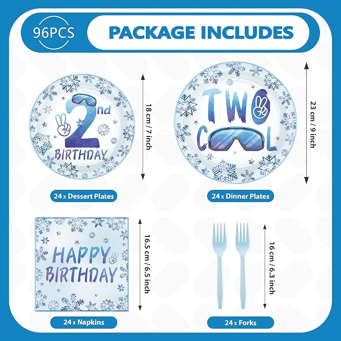 96Pcs Winter 2nd Birthday Decorations Two Cool Plates and Napkins Snowflake Ski Theme Birthday Decoration Favors for Kids Boy Winter Wonderland Frozen Theme Two Years Old Bday Party Supplies Serves 24